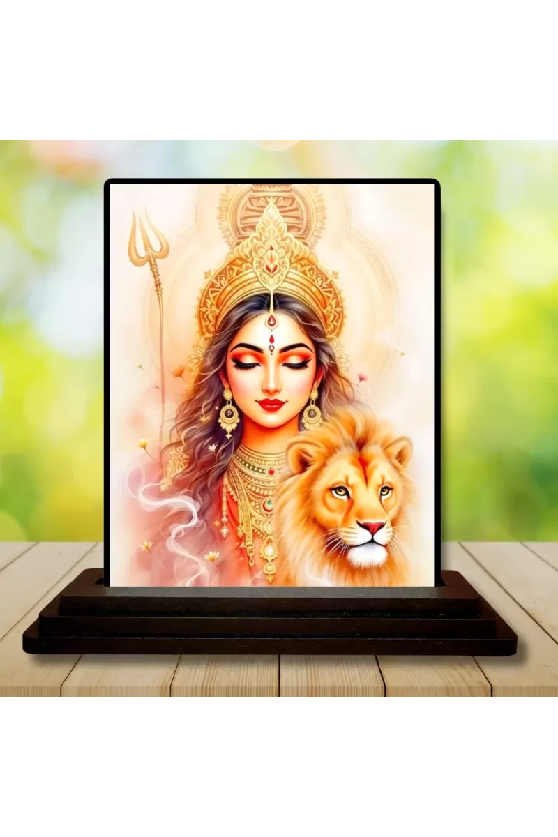 Car Dashboard Durga Wooden Photo Stand  3x4 Inches, Compact & Stylish Spiritual Display For Car, Home & Office (Pack Of 1) (F49642)
