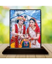 Car Dashboard Krishna And Radha Wooden Photo Stand  3x4 Inches, Compact & Stylish Spiritual Display For Car, Home & Office (Pack Of 1) (F49673)