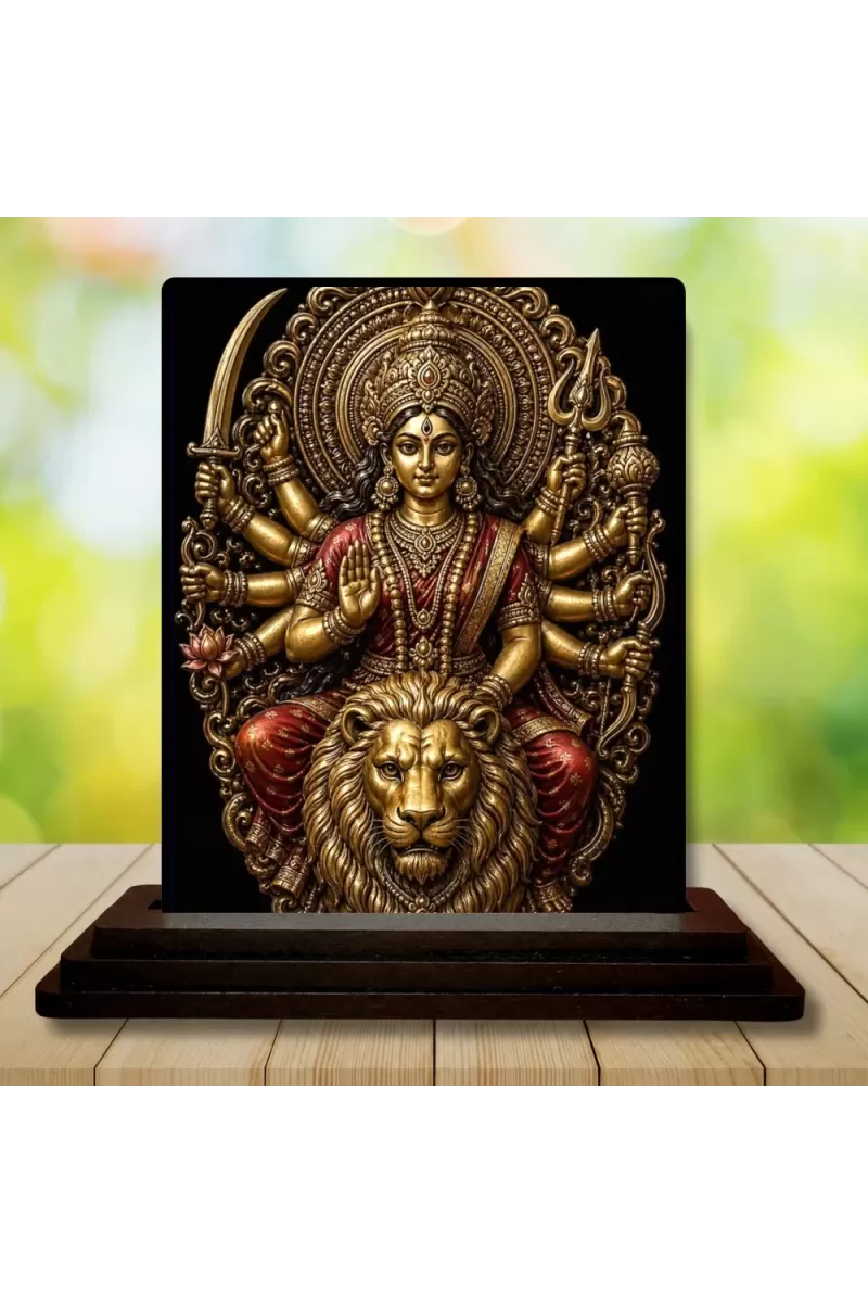 Car Dashboard Durga Wooden Photo Stand  3x4 Inches, Compact & Stylish Spiritual Display For Car, Home & Office (Pack Of 1) (F49677)