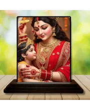 Car Dashboard Goddess Durga Wooden Photo Stand  3x4 Inches, Compact & Stylish Spiritual Display For Car, Home & Office (Pack Of 1) (F49710)