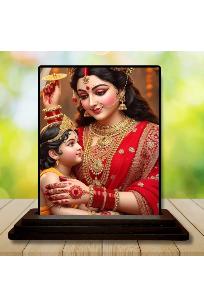 Car Dashboard Goddess Durga Wooden Photo Stand  3x4 Inches, Compact & Stylish Spiritual Display For Car, Home & Office (Pack Of 1) (F49710)