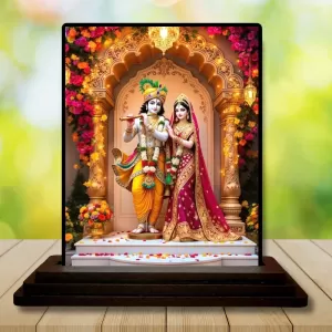 Car Dashboard Krishna And Radha Wooden Photo Stand  3x4 Inches, Compact & Stylish Spiritual Display For Car, Home & Office (Pack Of 1) (F49711)