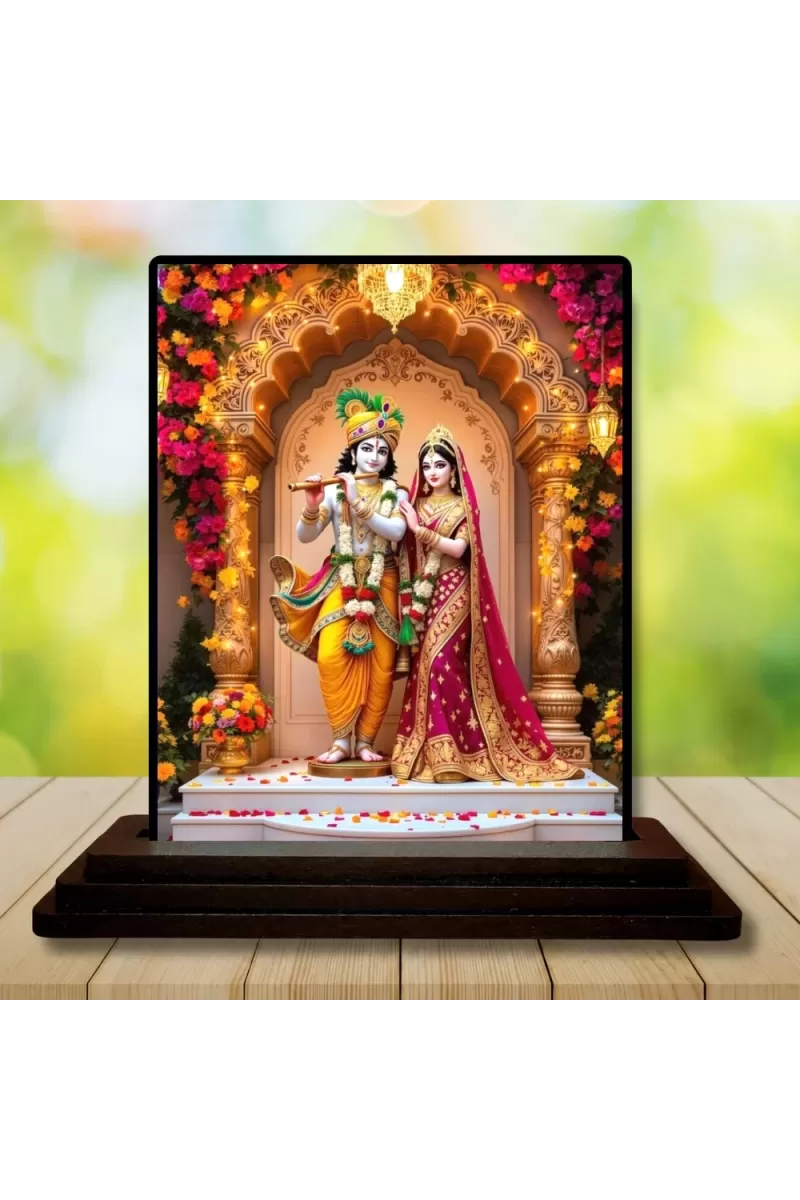 Car Dashboard Krishna And Radha Wooden Photo Stand  3x4 Inches, Compact & Stylish Spiritual Display For Car, Home & Office (Pack Of 1) (F49711)
