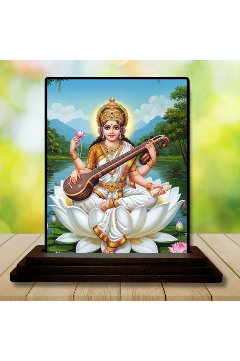 Car Dashboard Saraswati Wooden Photo Stand  3x4 Inches, Compact & Stylish Spiritual Display For Car, Home & Office (Pack Of 1) (F49713)