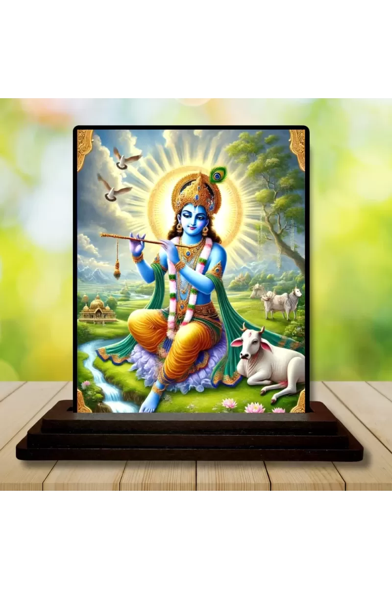 Car Dashboard Krishna Wooden Photo Stand  3x4 Inches, Compact & Stylish Spiritual Display For Car, Home & Office (Pack Of 1) (F49755)