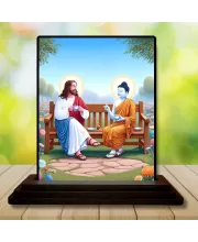 Car Dashboard JIshu And Goutam Buddha Wooden Photo Stand  3x4 Inches, Compact & Stylish Spiritual Display For Car, Home & Office (Pack Of 1) (F49760)