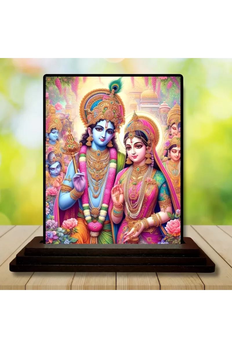 Car Dashboard Radha Krishna Wooden Photo Stand  3x4 Inches, Compact & Stylish Spiritual Display For Car, Home & Office (Pack Of 1) (F49787)