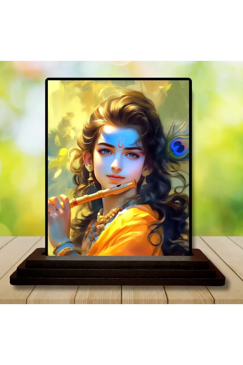 Car Dashboard Lord Shree Krishna Wooden Photo Stand  3x4 Inches, Compact & Stylish Spiritual Display For Car, Home & Office (Pack Of 1) (F49810)