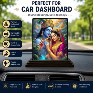Car Dashboard Shree Krishna And Shree Radha Wooden Photo Stand  3x4 Inches, Compact & Stylish Spiritual Display For Car, Home & Office (Pack Of 1) (F48663)