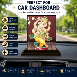 Car Dashboard Lord Ganesha Wooden Photo Stand  3x4 Inches, Compact & Stylish Spiritual Display For Car, Home & Office (Pack Of 1) (F48730)