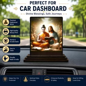 Car Dashboard Gautama Buddha And Jesus Wooden Photo Stand  3x4 Inches, Compact & Stylish Spiritual Display For Car, Home & Office (Pack Of 1) (F49061)