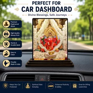 Car Dashboard Lord Ganesha Wooden Photo Stand  3x4 Inches, Compact & Stylish Spiritual Display For Car, Home & Office (Pack Of 1) (F49074)