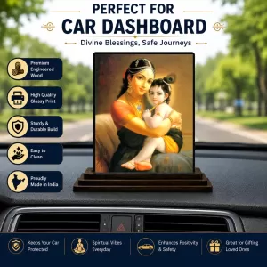 Car Dashboard Yashoda And Shree Krishna Wooden Photo Stand  3x4 Inches, Compact & Stylish Spiritual Display For Car, Home & Office (Pack Of 1) (F49110)