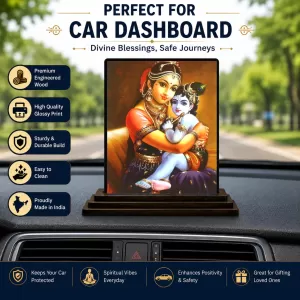 Car Dashboard Yashoda And Shree Krishna Wooden Photo Stand  3x4 Inches, Compact & Stylish Spiritual Display For Car, Home & Office (Pack Of 1) (F49112)