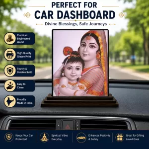 Car Dashboard Yashoda And Shree Krishna Wooden Photo Stand  3x4 Inches, Compact & Stylish Spiritual Display For Car, Home & Office (Pack Of 1) (F49113)