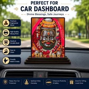 Car Dashboard Har Har Mahadev Wooden Photo Stand  3x4 Inches, Compact & Stylish Spiritual Display For Car, Home & Office (Pack Of 1) (F49136)