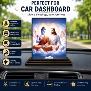 Car Dashboard Gautama Buddha And Jesus Christ Wooden Photo Stand  3x4 Inches, Compact & Stylish Spiritual Display For Car, Home & Office (Pack Of 1) (F49294)