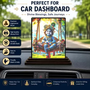 Car Dashboard Krishna Wooden Photo Stand  3x4 Inches, Compact & Stylish Spiritual Display For Car, Home & Office (Pack Of 1) (F49296)