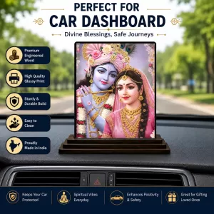 Car Dashboard Krishna And Radha Wooden Photo Stand  3x4 Inches, Compact & Stylish Spiritual Display For Car, Home & Office (Pack Of 1) (F49363)