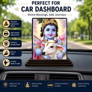 Car Dashboard Krishna Wooden Photo Stand  3x4 Inches, Compact & Stylish Spiritual Display For Car, Home & Office (Pack Of 1) (F49424)