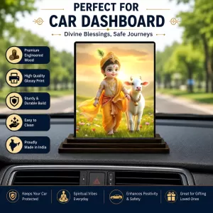 Car Dashboard Krishna Wooden Photo Stand  3x4 Inches, Compact & Stylish Spiritual Display For Car, Home & Office (Pack Of 1) (F49428)