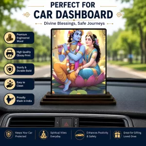 Car Dashboard Krishna And Radha Wooden Photo Stand  3x4 Inches, Compact & Stylish Spiritual Display For Car, Home & Office (Pack Of 1) (F49478)