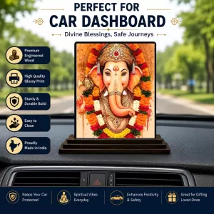 Car Dashboard Ganesha Wooden Photo Stand  3x4 Inches, Compact & Stylish Spiritual Display For Car, Home & Office (Pack Of 1) (F49495)