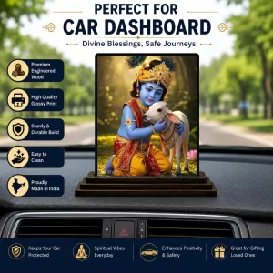 Car Dashboard Krishna Wooden Photo Stand  3x4 Inches, Compact & Stylish Spiritual Display For Car, Home & Office (Pack Of 1) (F49535)