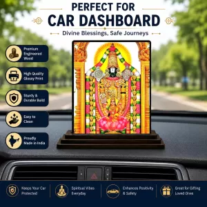 Car Dashboard Tirupati Balaji Wooden Photo Stand  3x4 Inches, Compact & Stylish Spiritual Display For Car, Home & Office (Pack Of 1) (F49557)