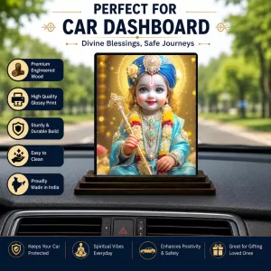 Car Dashboard Shree Krishna Wooden Photo Stand  3x4 Inches, Compact & Stylish Spiritual Display For Car, Home & Office (Pack Of 1) (F49580)