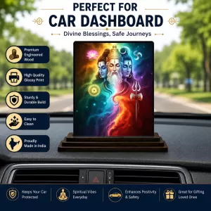 Car Dashboard Lord Lord Brahma, Lord Vishnu, And Lord Shiva Wooden Photo Stand  3x4 Inches, Compact & Stylish Spiritual Display For Car, Home & Office (Pack Of 1) (F49588)