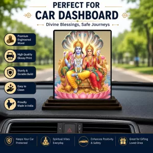 Car Dashboard Vishnu And Lakshmi Wooden Photo Stand  3x4 Inches, Compact & Stylish Spiritual Display For Car, Home & Office (Pack Of 1) (F49617)