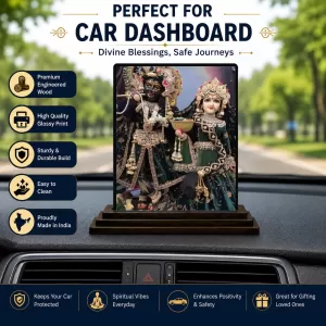 Car Dashboard Krishna And Radha Wooden Photo Stand  3x4 Inches, Compact & Stylish Spiritual Display For Car, Home & Office (Pack Of 1) (F49619)