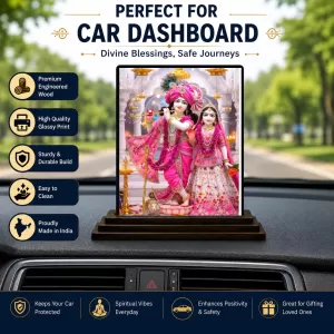 Car Dashboard Krishna And Radha Wooden Photo Stand  3x4 Inches, Compact & Stylish Spiritual Display For Car, Home & Office (Pack Of 1) (F49634)