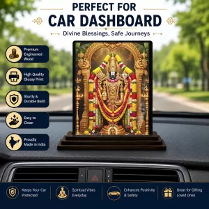 Car Dashboard Venkateswara Wooden Photo Stand  3x4 Inches, Compact & Stylish Spiritual Display For Car, Home & Office (Pack Of 1) (F49654)