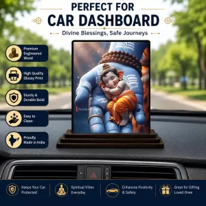 Car Dashboard Lord Ganesha Wooden Photo Stand  3x4 Inches, Compact & Stylish Spiritual Display For Car, Home & Office (Pack Of 1) (F49666)