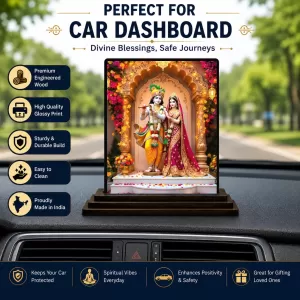 Car Dashboard Krishna And Radha Wooden Photo Stand  3x4 Inches, Compact & Stylish Spiritual Display For Car, Home & Office (Pack Of 1) (F49711)