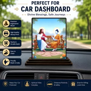 Car Dashboard JIshu And Goutam Buddha Wooden Photo Stand  3x4 Inches, Compact & Stylish Spiritual Display For Car, Home & Office (Pack Of 1) (F49760)