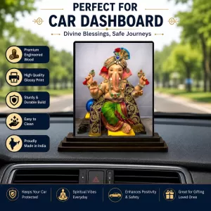 Car Dashboard Lord Ganesha Wooden Photo Stand  3x4 Inches, Compact & Stylish Spiritual Display For Car, Home & Office (Pack Of 1) (F49801)