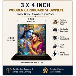 Car Dashboard Shree Krishna And Shree Radha Wooden Photo Stand  3x4 Inches, Compact & Stylish Spiritual Display For Car, Home & Office (Pack Of 1) (F48663)