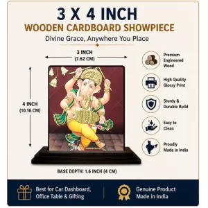 Car Dashboard Lord Ganesha Wooden Photo Stand  3x4 Inches, Compact & Stylish Spiritual Display For Car, Home & Office (Pack Of 1) (F48730)