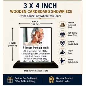 Car Dashboard Abdul Kalam Wooden Photo Stand 3x4 Inches, Compact & Stylish Spiritual Display For Car, Home & Office (Pack Of 1) (F48959) Car Dashboard Abdul Kalam Wooden Photo Stand 3x4 Inches, Compact & Stylish Spiritual Display For Car, Home & Office (Pack Of 1) (F48959)