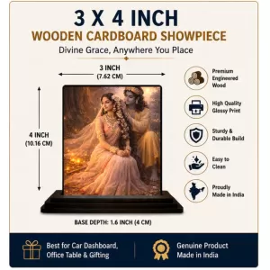 Car Dashboard Radha And Shree Krishna Wooden Photo Stand  3x4 Inches, Compact & Stylish Spiritual Display For Car, Home & Office (Pack Of 1) (F49013)
