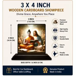 Car Dashboard Gautama Buddha And Jesus Wooden Photo Stand  3x4 Inches, Compact & Stylish Spiritual Display For Car, Home & Office (Pack Of 1) (F49061)
