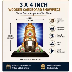 Car Dashboard Tirupati Balaji Wooden Photo Stand  3x4 Inches, Compact & Stylish Spiritual Display For Car, Home & Office (Pack Of 1) (F49129)