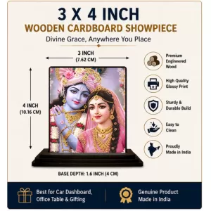 Car Dashboard Krishna And Radha Wooden Photo Stand  3x4 Inches, Compact & Stylish Spiritual Display For Car, Home & Office (Pack Of 1) (F49363)