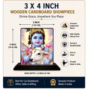 Car Dashboard Krishna Wooden Photo Stand  3x4 Inches, Compact & Stylish Spiritual Display For Car, Home & Office (Pack Of 1) (F49424)