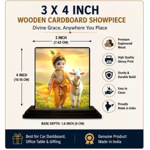 Car Dashboard Krishna Wooden Photo Stand  3x4 Inches, Compact & Stylish Spiritual Display For Car, Home & Office (Pack Of 1) (F49428)