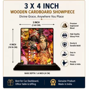 Car Dashboard Krishna And Radha Wooden Photo Stand  3x4 Inches, Compact & Stylish Spiritual Display For Car, Home & Office (Pack Of 1) (F49444)