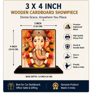 Car Dashboard Ganesha Wooden Photo Stand  3x4 Inches, Compact & Stylish Spiritual Display For Car, Home & Office (Pack Of 1) (F49495)